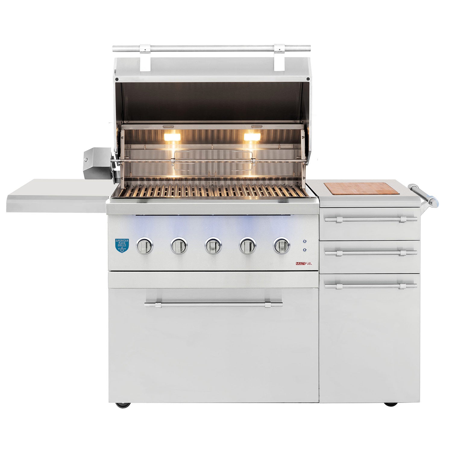 American Made Grills AMG-ENC36-CART Encore 36-Inch Dual Fuel Wood and Gas Grill with Infrared Searing Burner and Rotisserie Kit on Cart