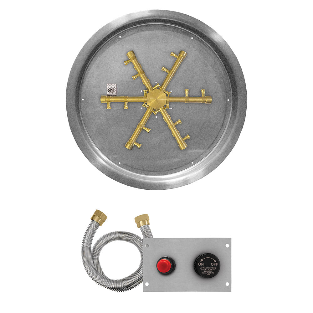 Firegear FPB-RPSBRTPSI Flame Sensing Spark Ignition Gas Fire Pit Burner Kit with Round Drop Pan & Brass Burning Spur