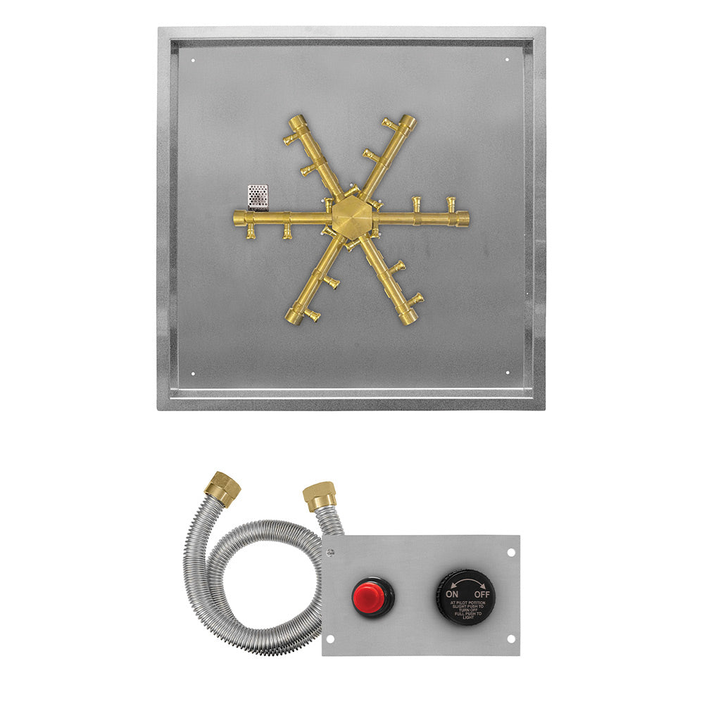 Firegear FPB-SPSBRTPSI Flame Sensing Spark Ignition Gas Fire Pit Burner Kit with Square Drop Pan & Brass Burning Spur