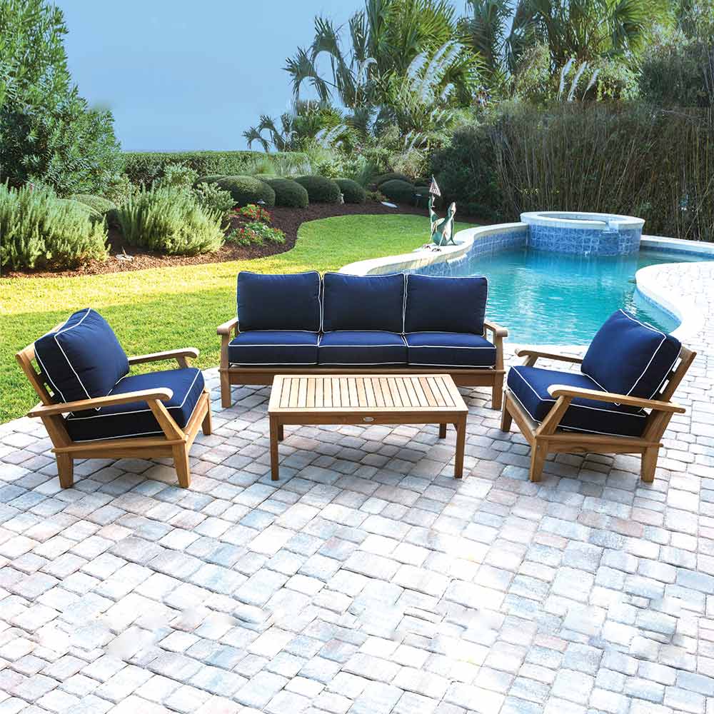 Royal Teak Collection P108 Miami Deep Seating 4-Piece Teak Patio Conversation Set with Seating, Rectangular Coffee Table & Sunbrella Cushions