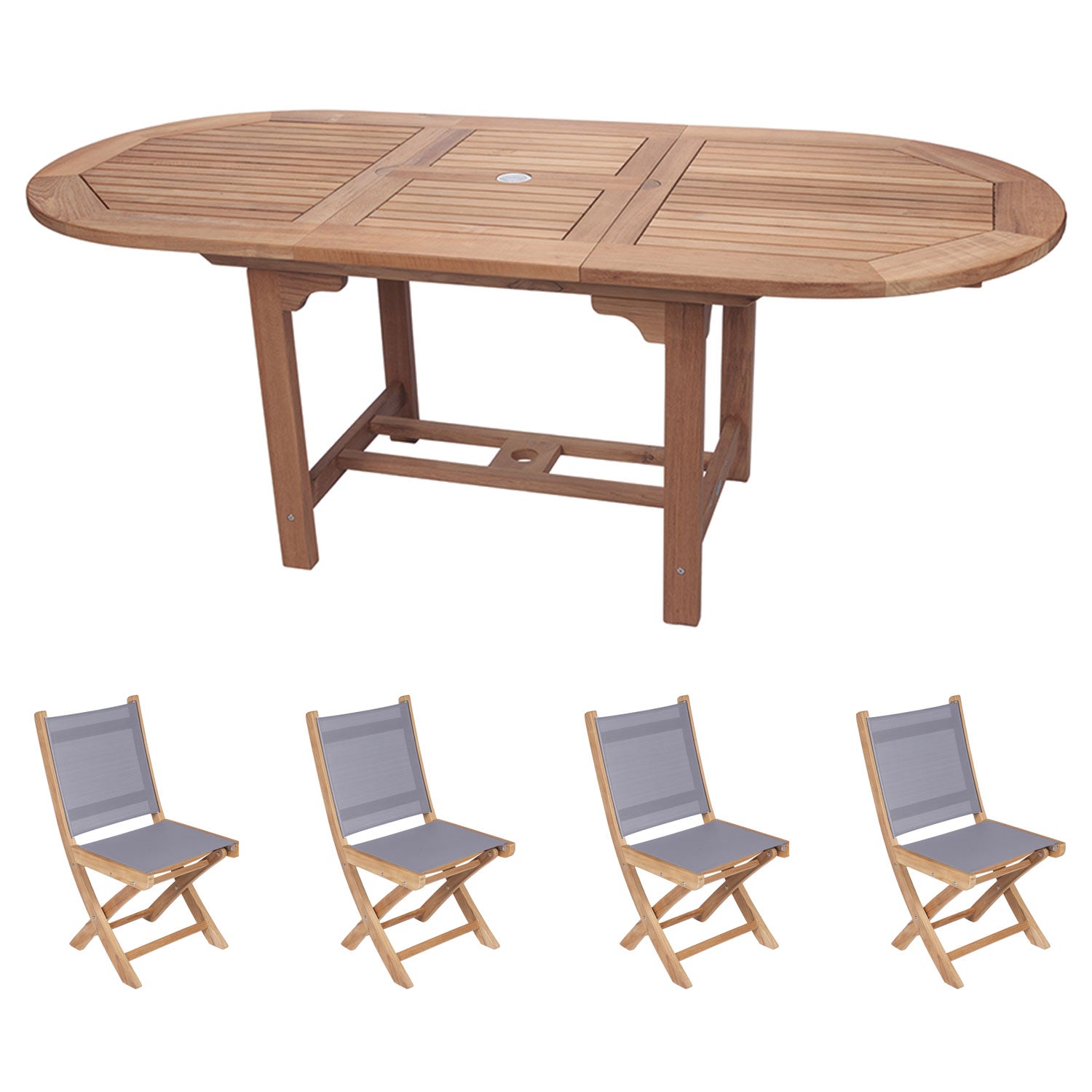 Royal Teak Collection P7 5-Piece Teak Patio Dining Set with 60/78-Inch Oval Expansion Table & Sailmate Sling Folding Side Chairs