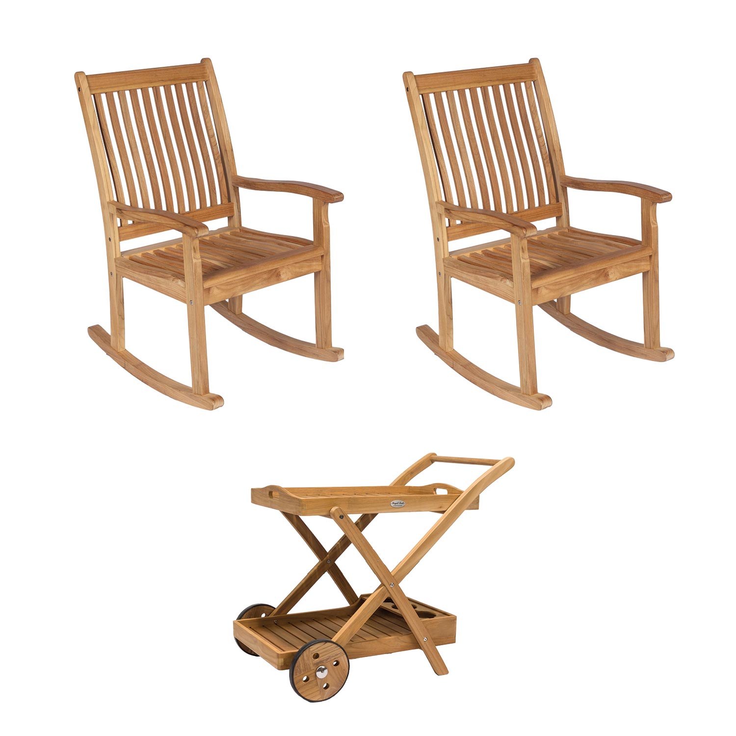 Royal Teak Collection P95 3-Piece Teak Patio Conversation Set with 36x21.5-Inch Tray Cart & Highback Rocking Chairs