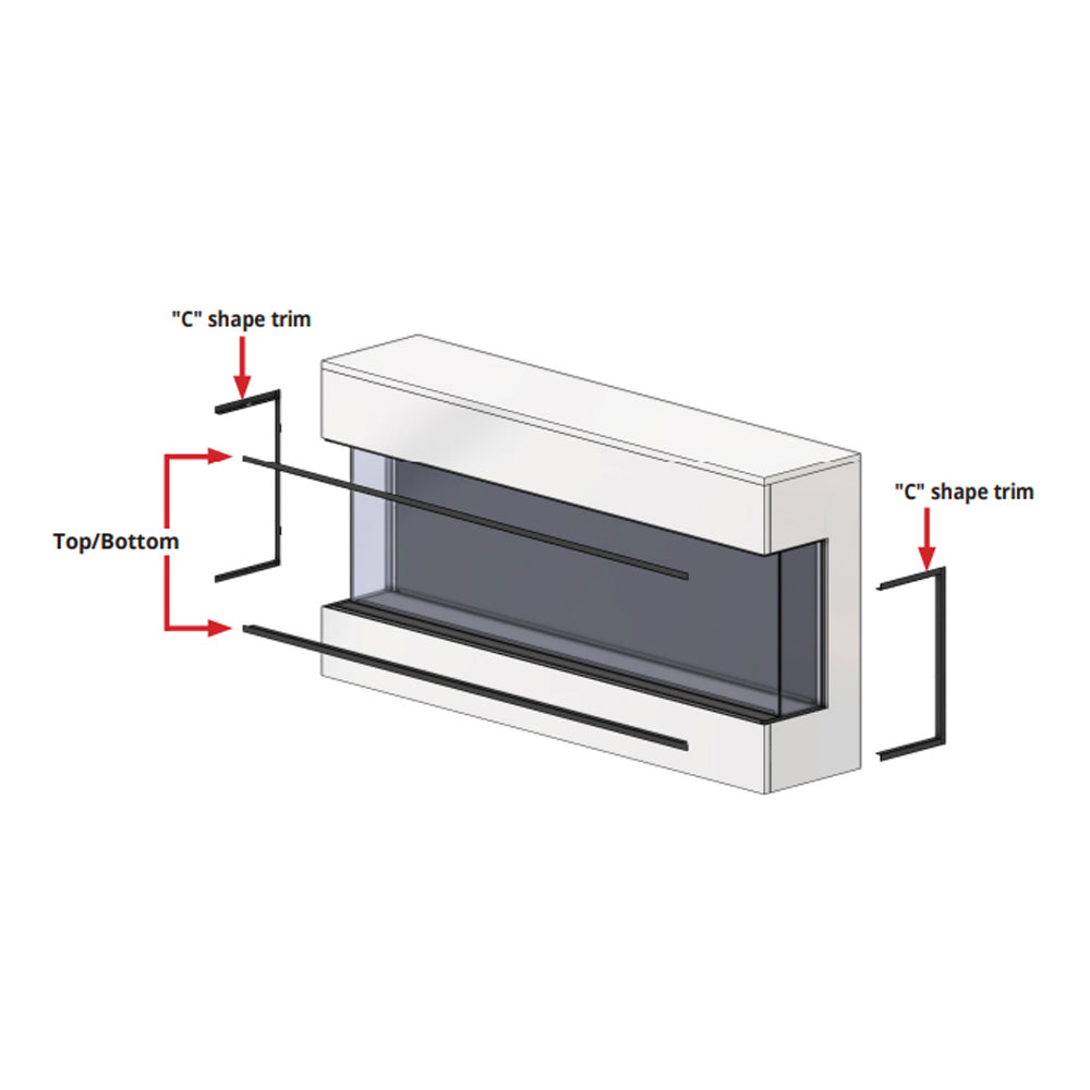 Fireplace trim kit with C-shape accents, dark panel and surrounding rails