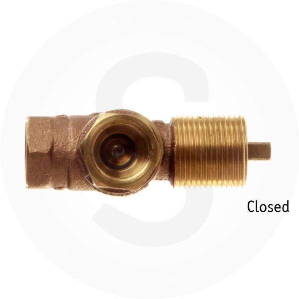 Angled gas shut off valve kit in closed position with brass-colored body