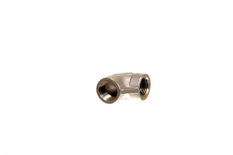 90-degree stainless steel elbow fitting, two threaded 1/2-inch openings