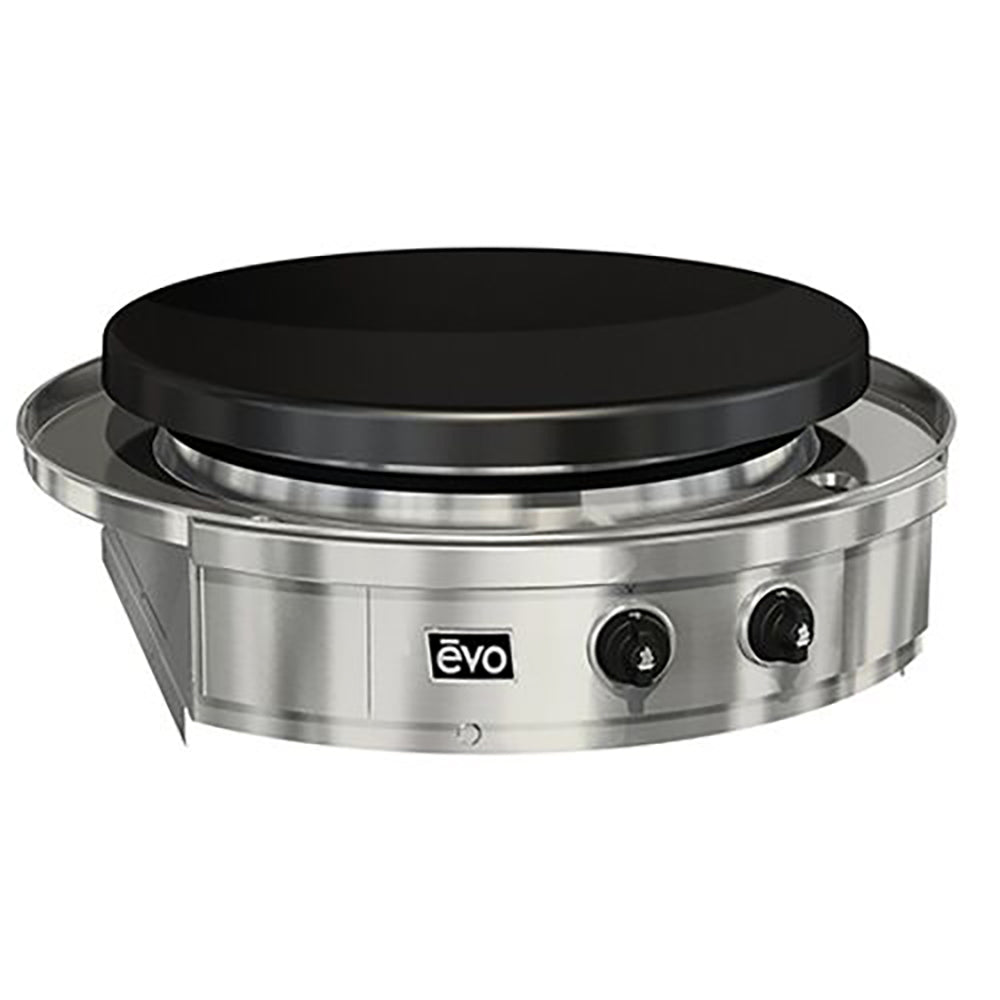Built-in flat top gas grill with black lid and stainless steel base, two front knobs