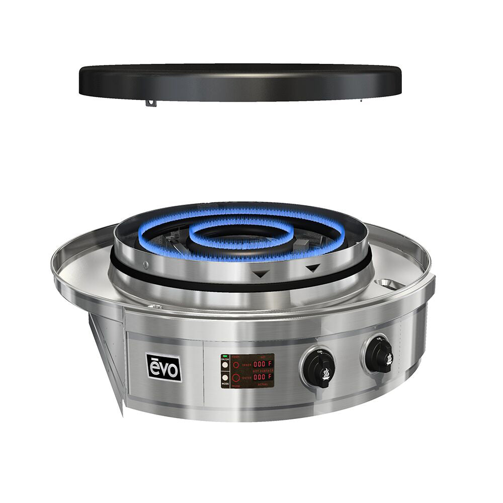 Built-in gas grill with stainless base, black lid, and lit burner ring