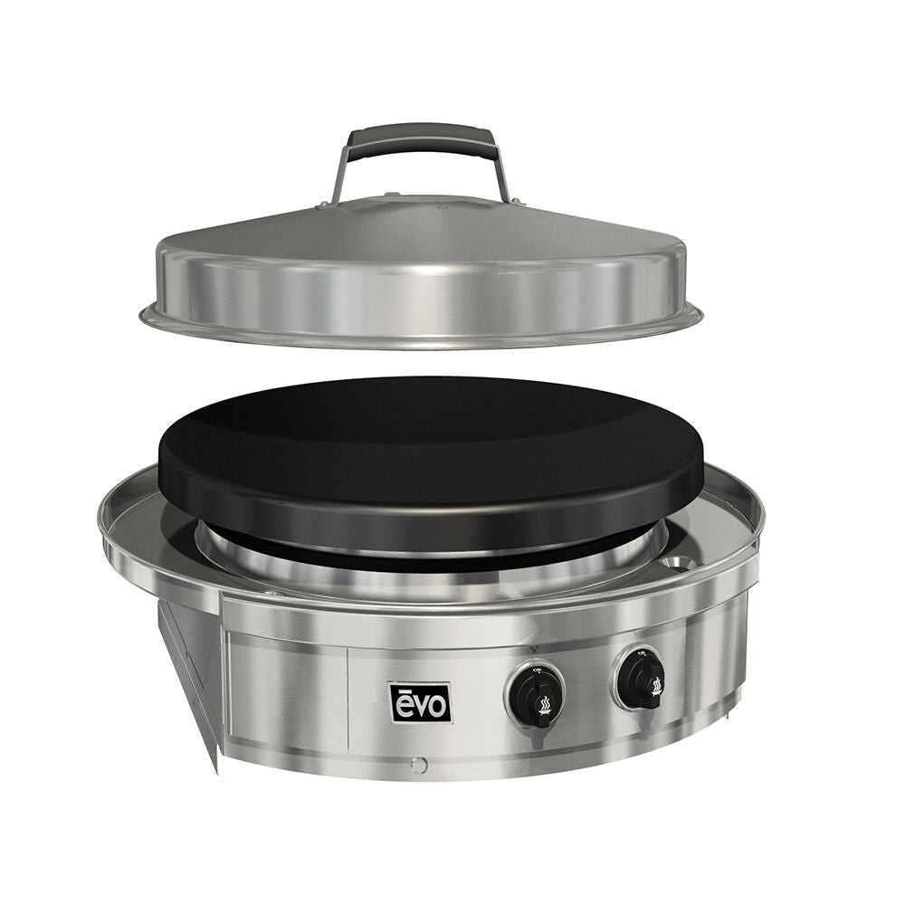 Stainless steel built-in flat top gas grill with black lid and two control knobs