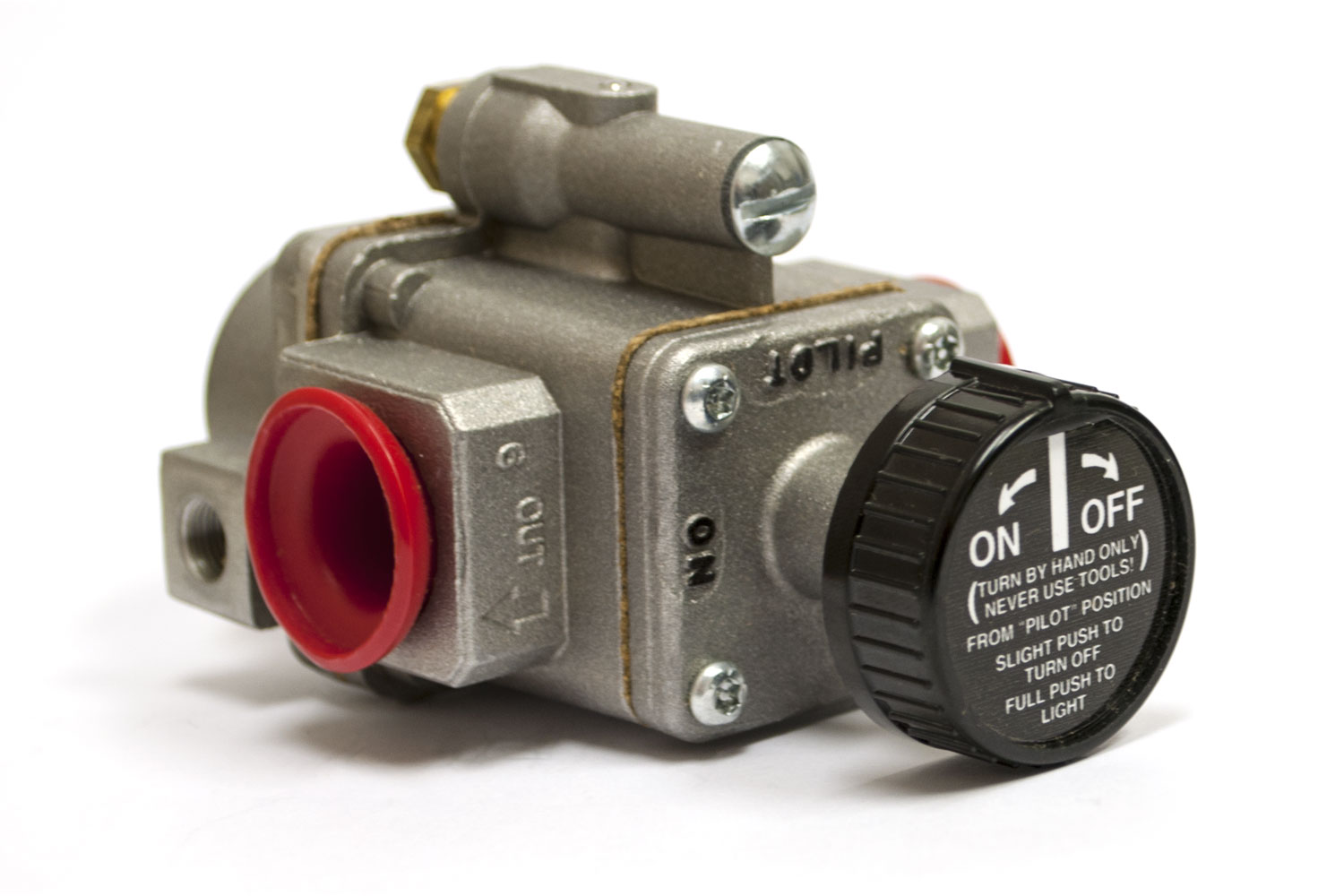 High capacity fire safety pilot valve with red inlet and black ON/OFF control knob