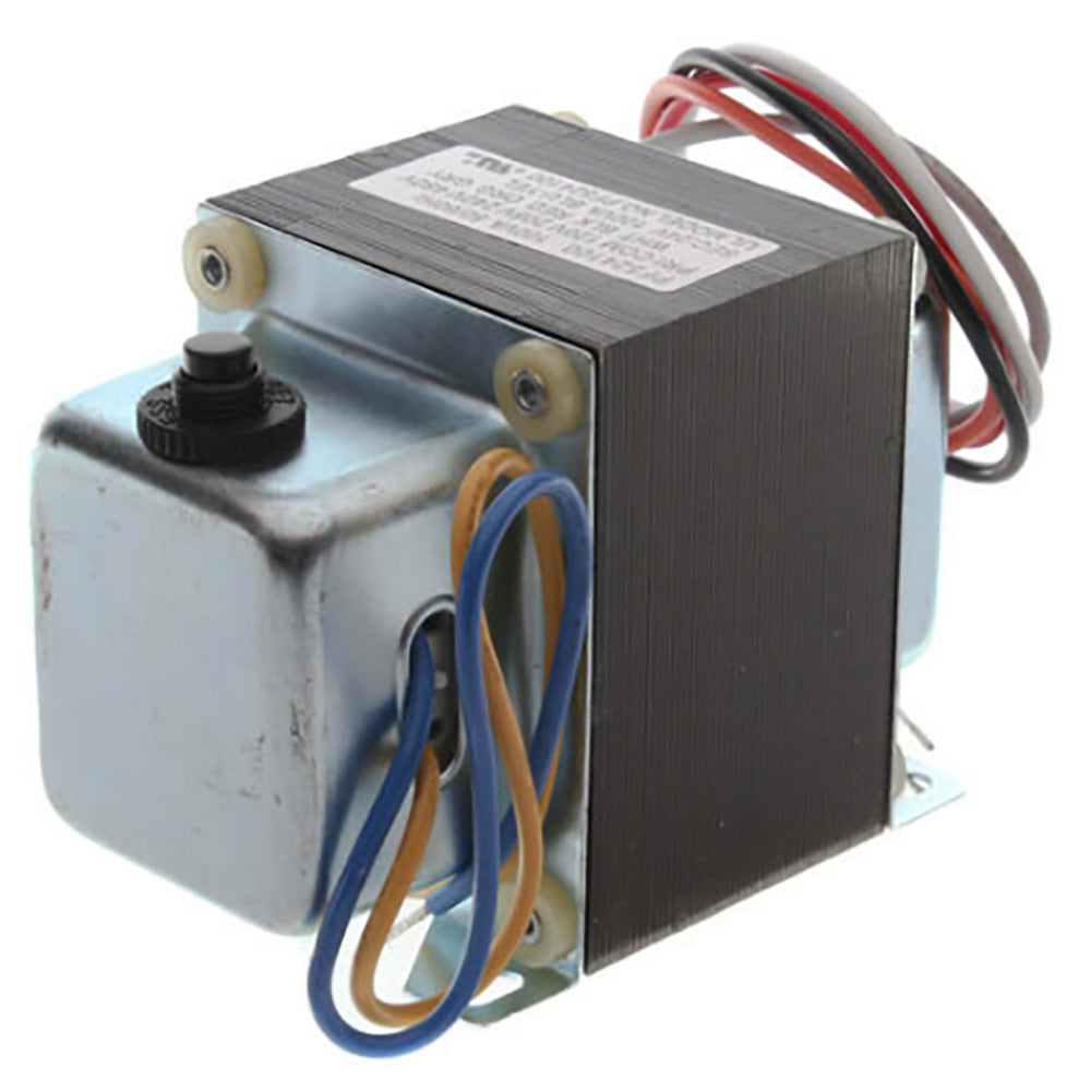 Metal transformer with wiring leads and mounting bracket, black control knob on top