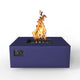 Square gas fire table with open flame and control panel, blue finish