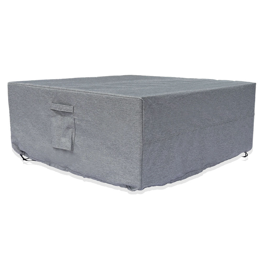 Gray soft cover for square gas fire table, tight fit with side straps