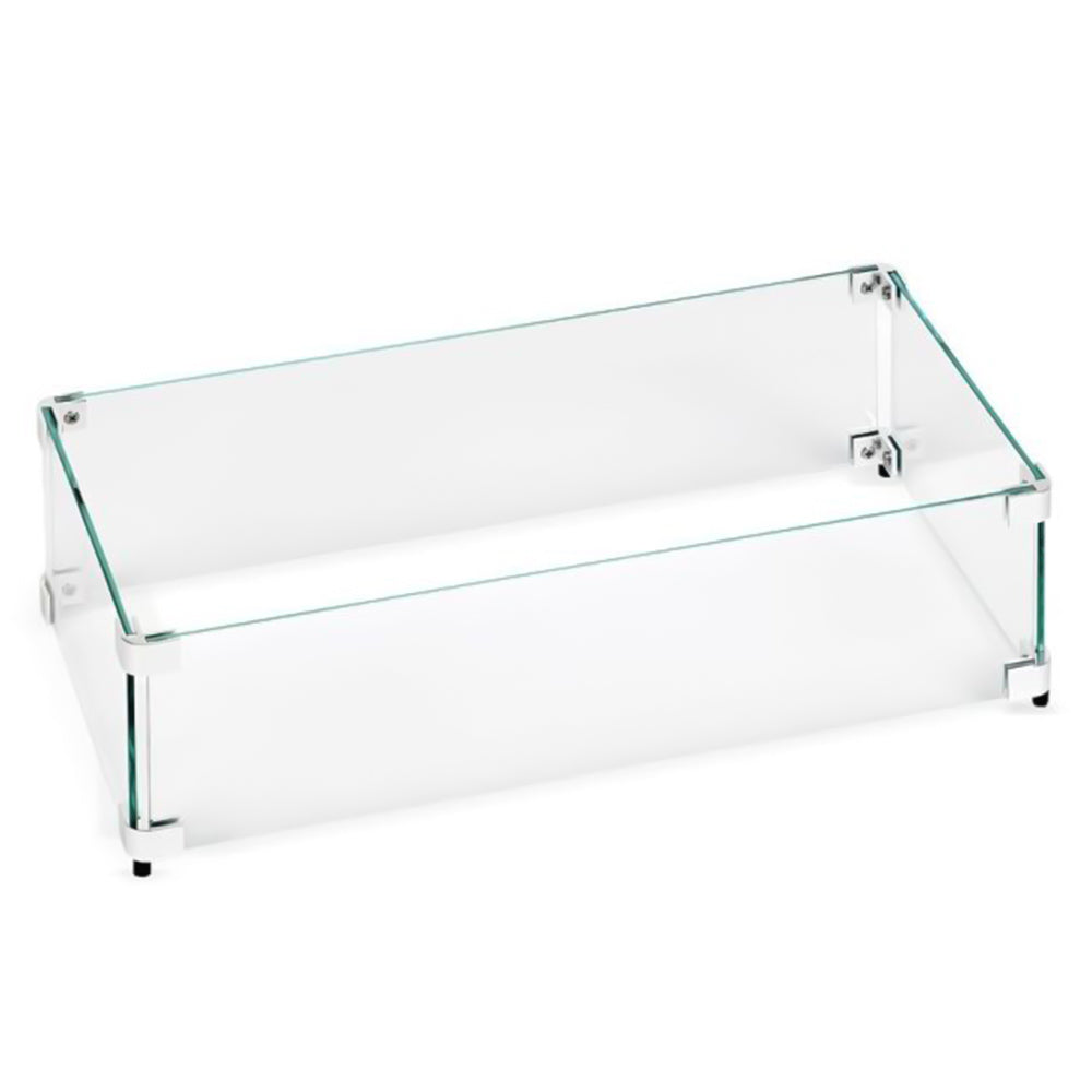 Glass wind guard for rectangular gas fire table, clear glass panel with metal corner brackets