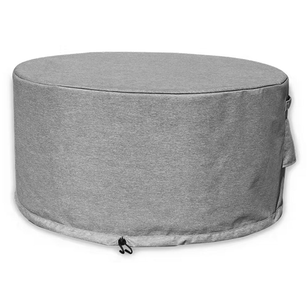 Gray round soft cover for gas fire table with cinch cord at bottom edge