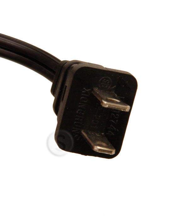 Black power cord plug end with metal prongs