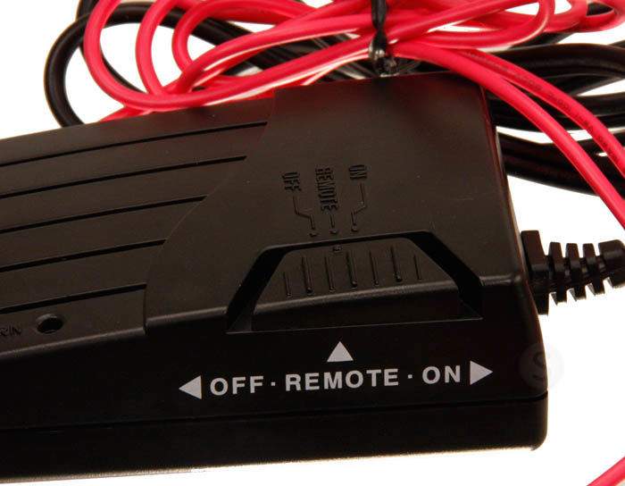 Receiver box close-up with OFF/REMOTE/ON switch markings and pin connectors.