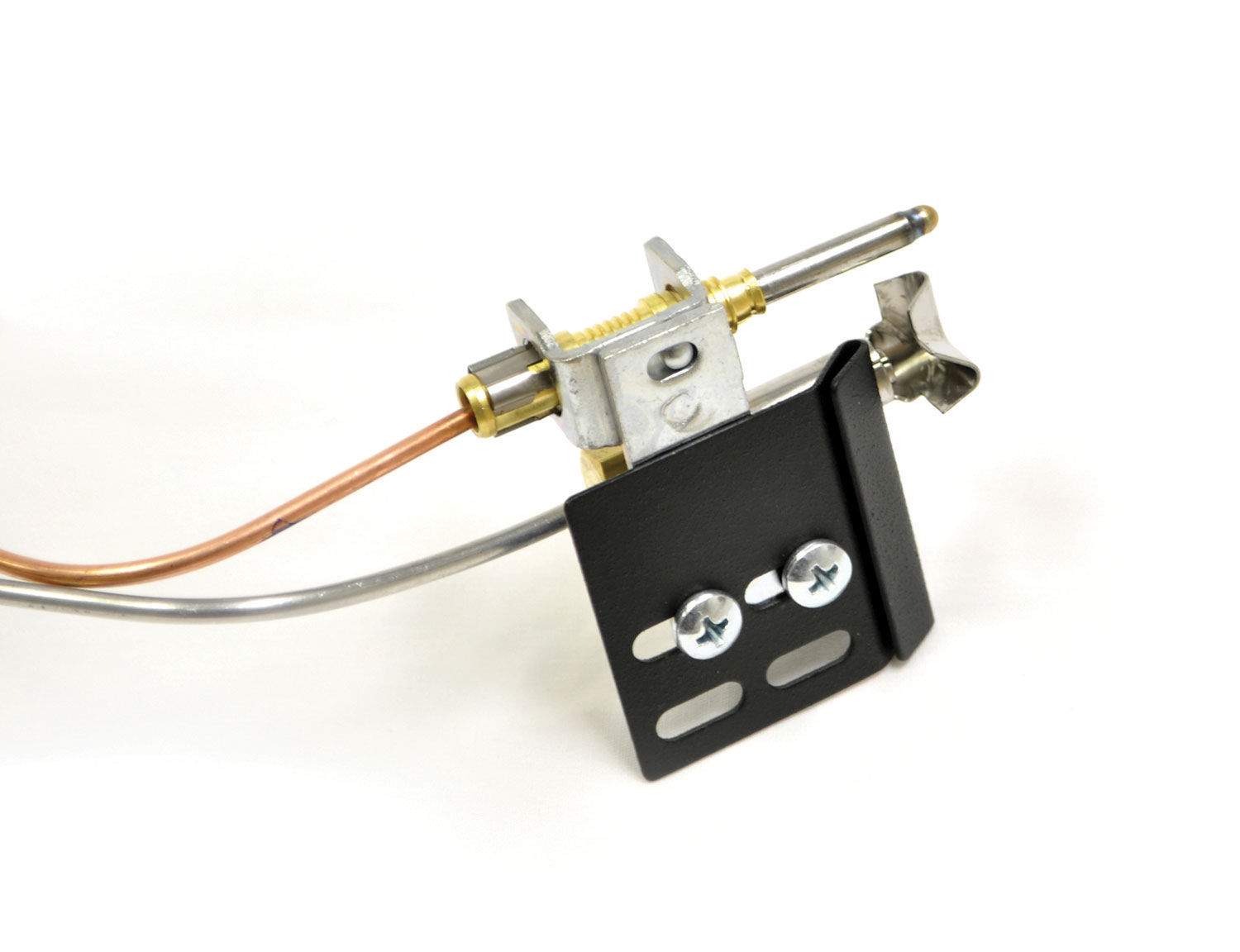 Fire pilot burner mounting bracket with black plate and brass fittings, includes metal mount