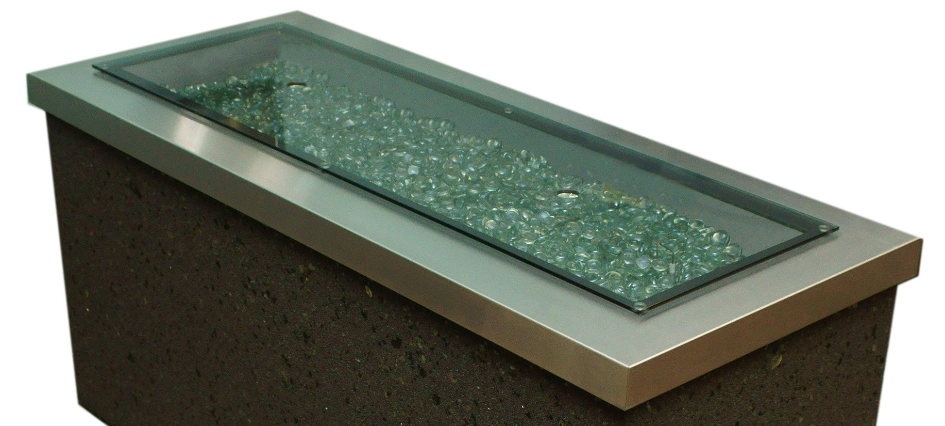 Rectangular gray glass burner cover with metal frame and green-speckled glass top