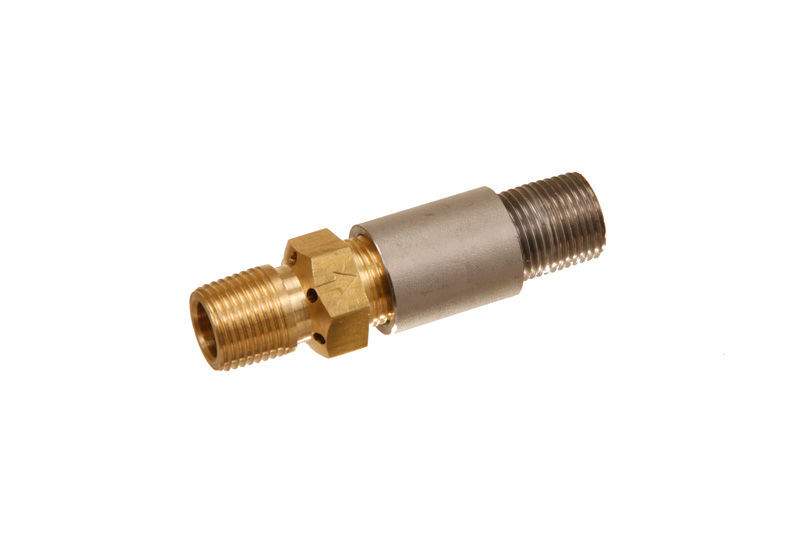 Brass gas line connector with threaded ports and hex fitting