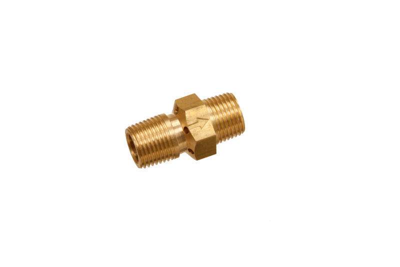 Brass air mixer connector with two male threaded ends and hex body