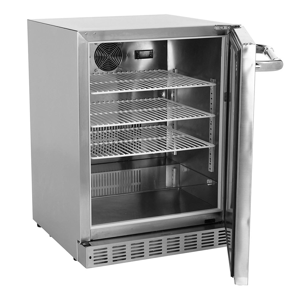 Outdoor refrigerator open door with wire shelves and vented bottom grille