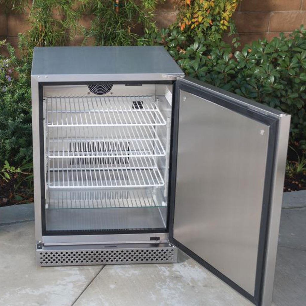 Outdoor refrigerator open with two racks and hinged door