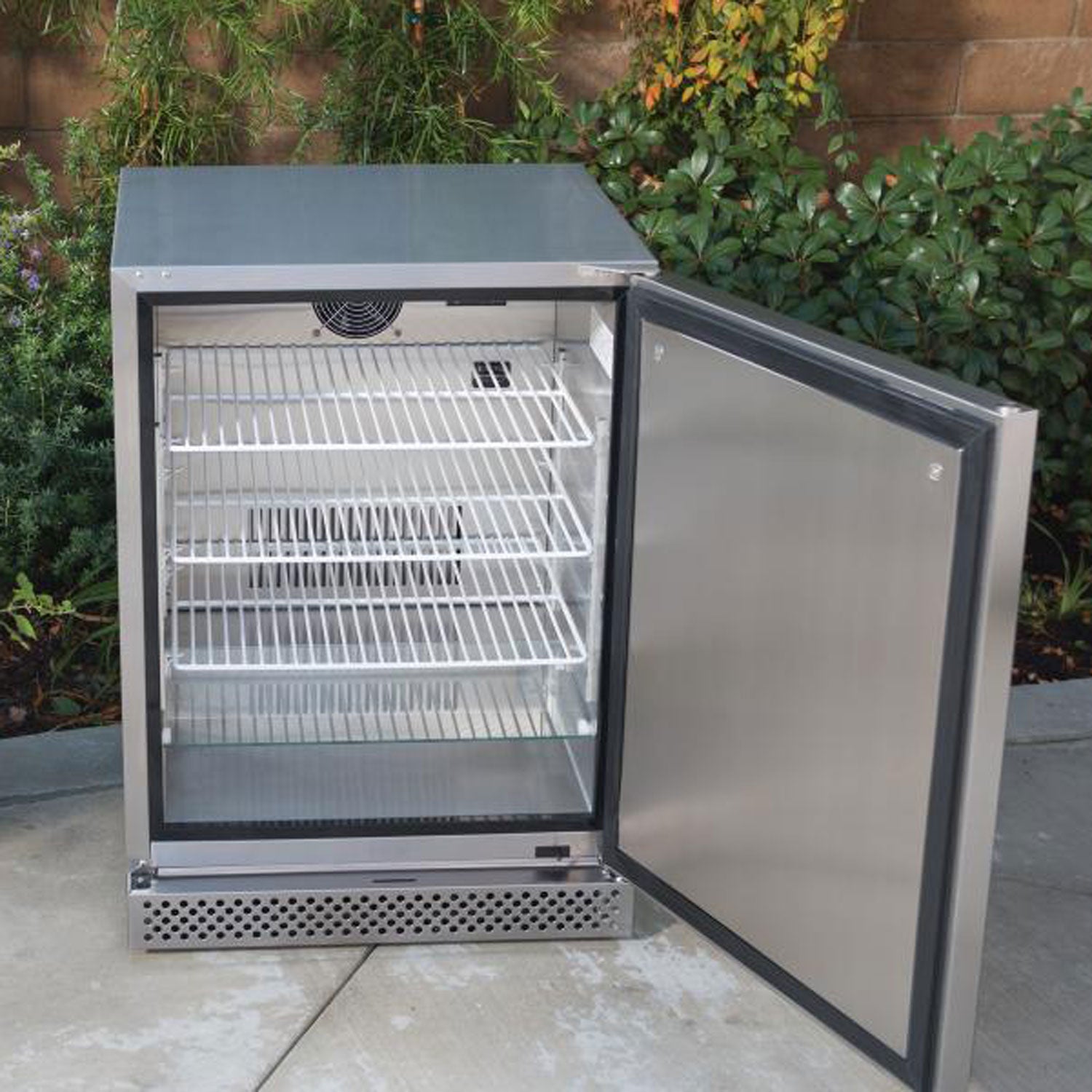 Outdoor refrigerator open with two racks and hinged door