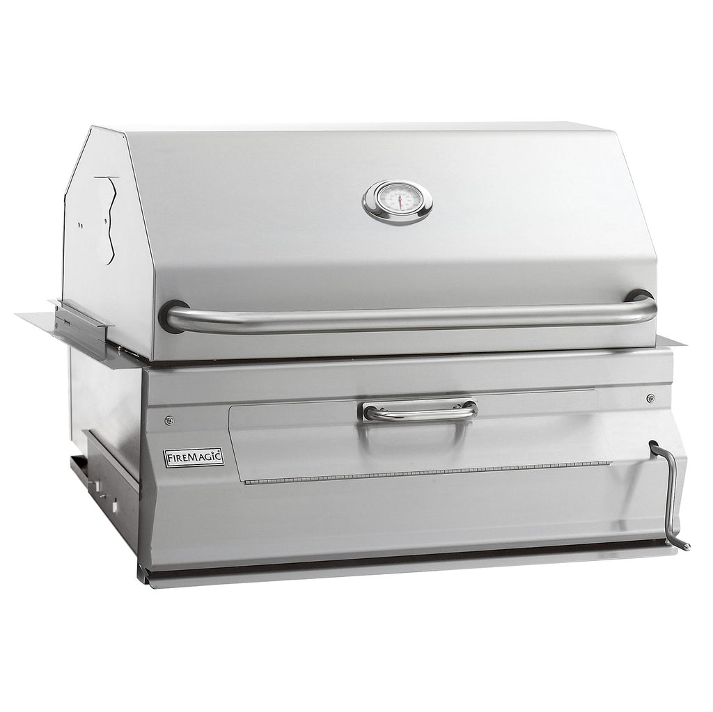Stainless steel built-in charcoal grill with lid, front drawer handle, and smoker hood