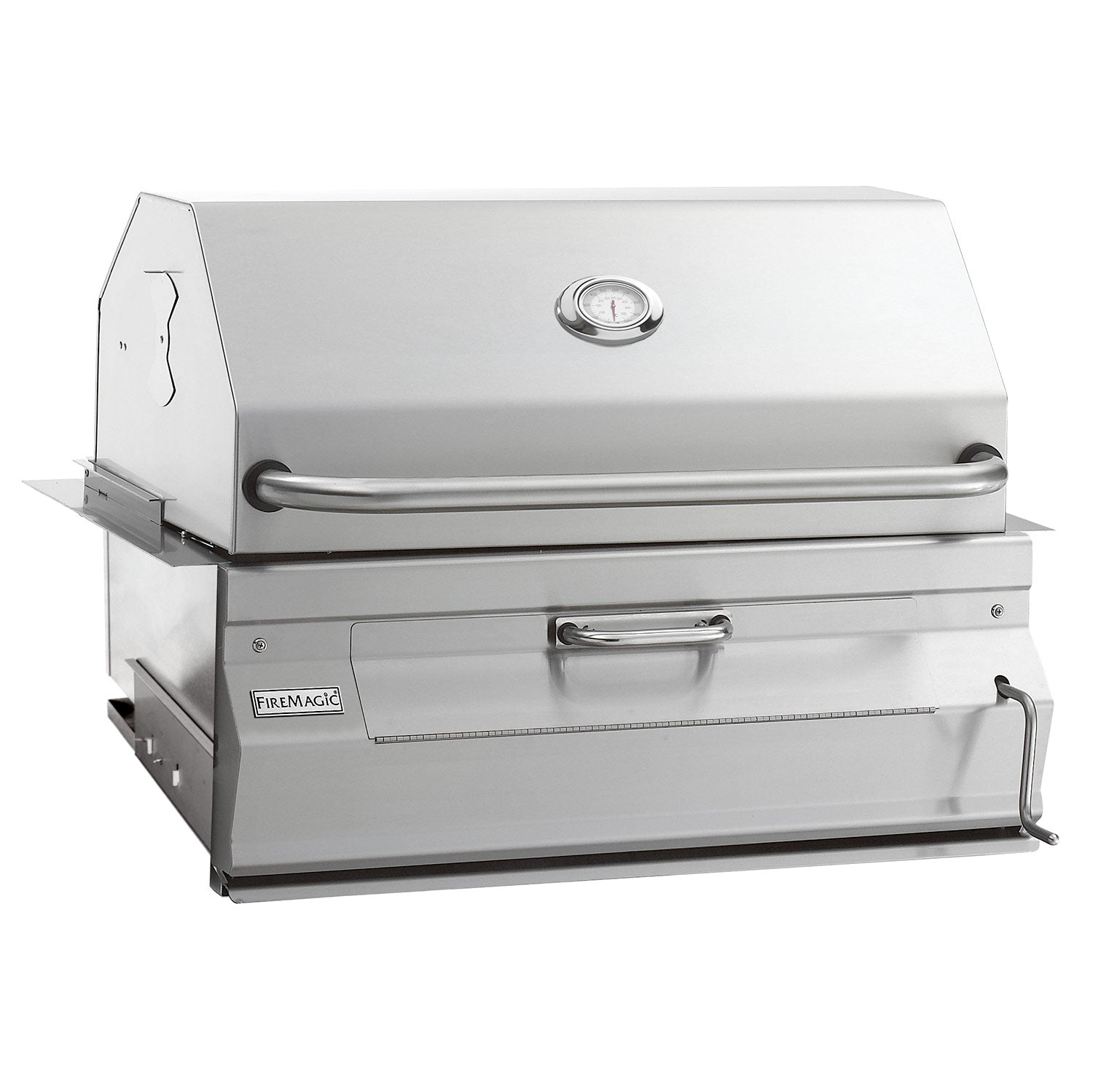 Stainless steel built-in charcoal grill with lid, front drawer handle, and smoker hood
