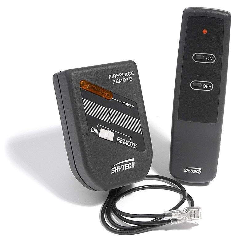 Fireplace remote control set with two black remotes and power buttons, with attached cable