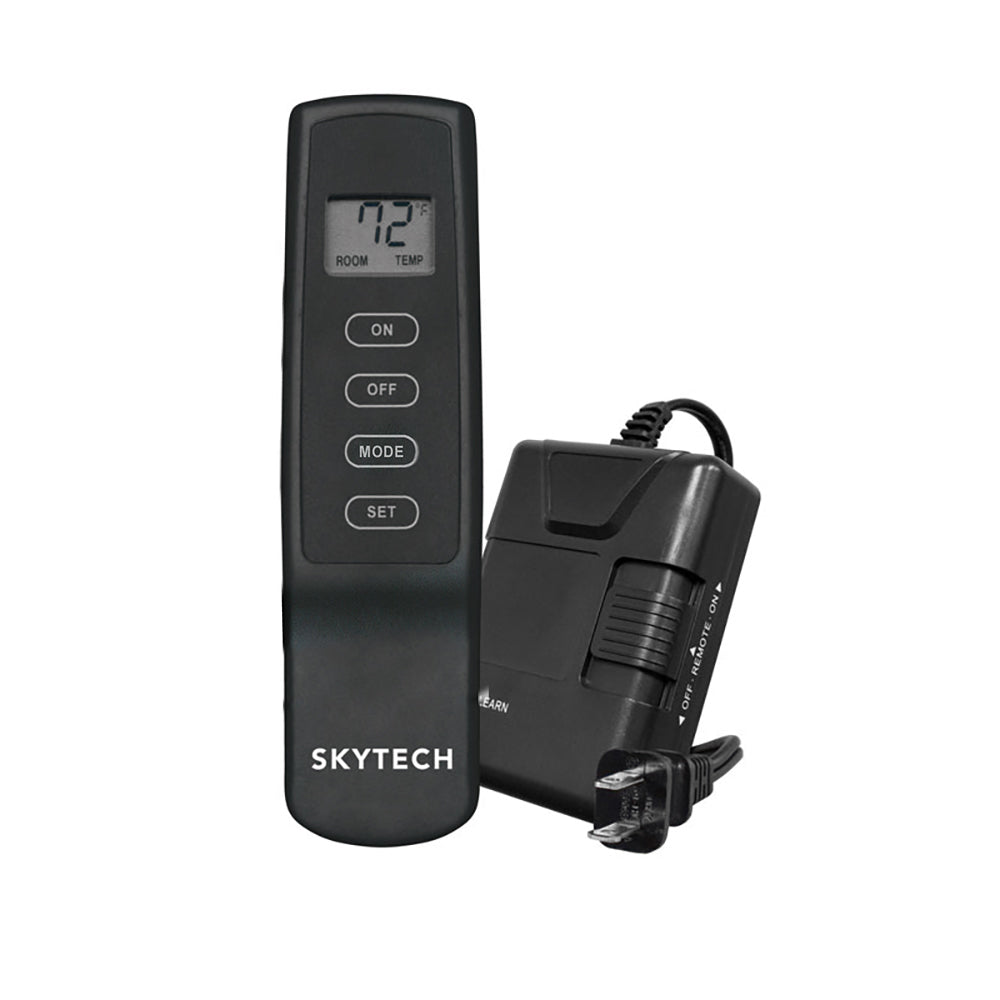 Black thermostat fireplace remote control with LCD display, buttons, and Skytech branding