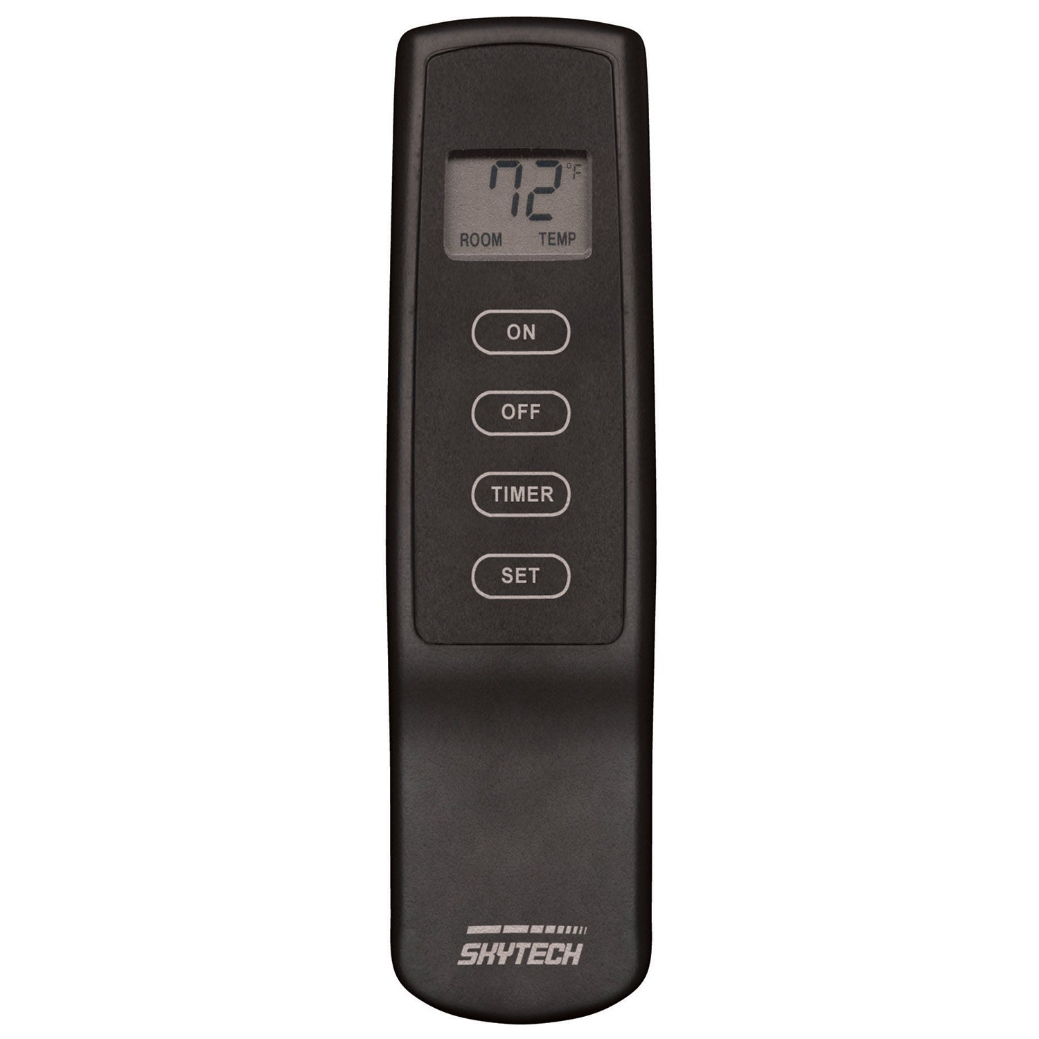 Black remote transmitter with LCD and ON/OFF/TIMER/SET buttons