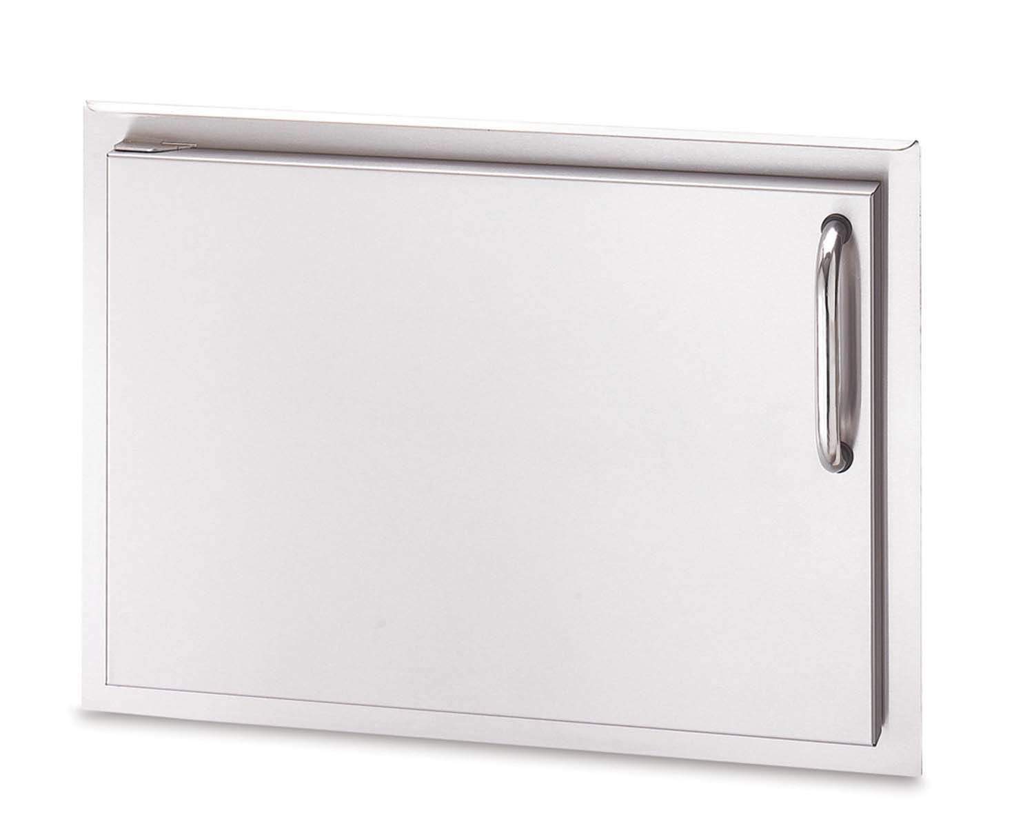 Rectangular outdoor grill storage door with oval pull handle on right, silver metal frame