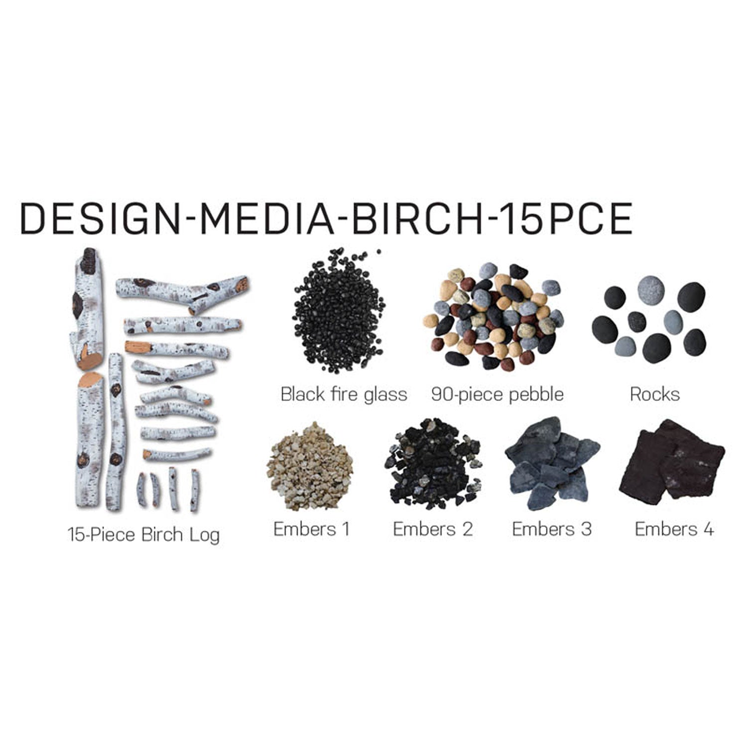 Birch log set bundle with ember and fire media pieces, including black glass and rocks