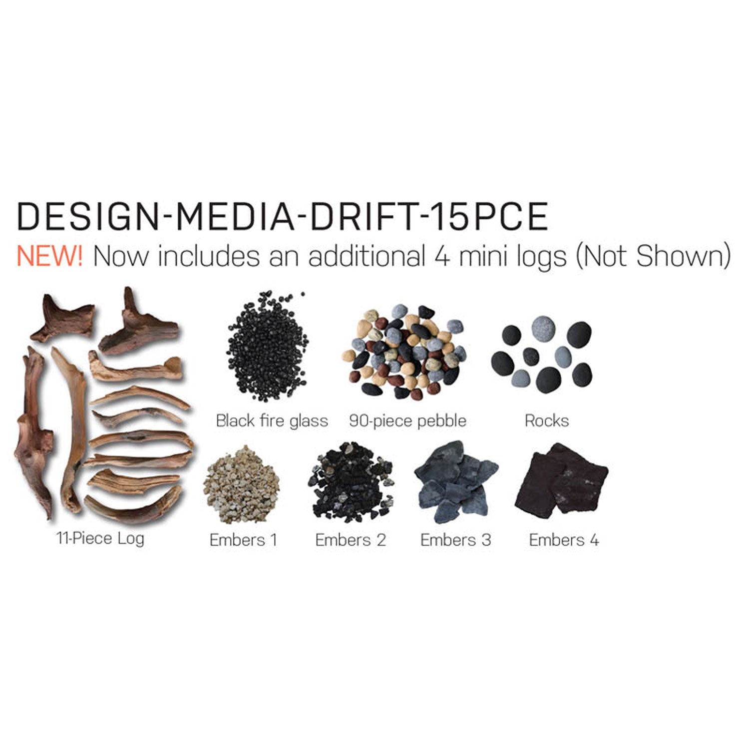 Driftwood log set with fire media: logs, embers, black glass, pebbles and rocks.
