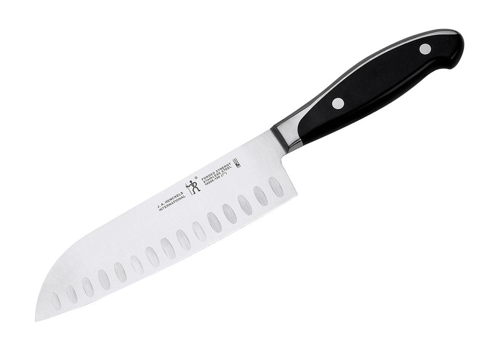 7-inch santoku knife with black handle and stainless hollow-edged blade