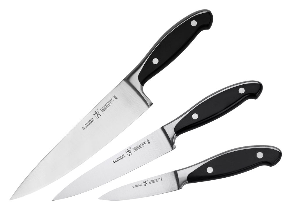 Three-piece knife set with stainless blades and black handles