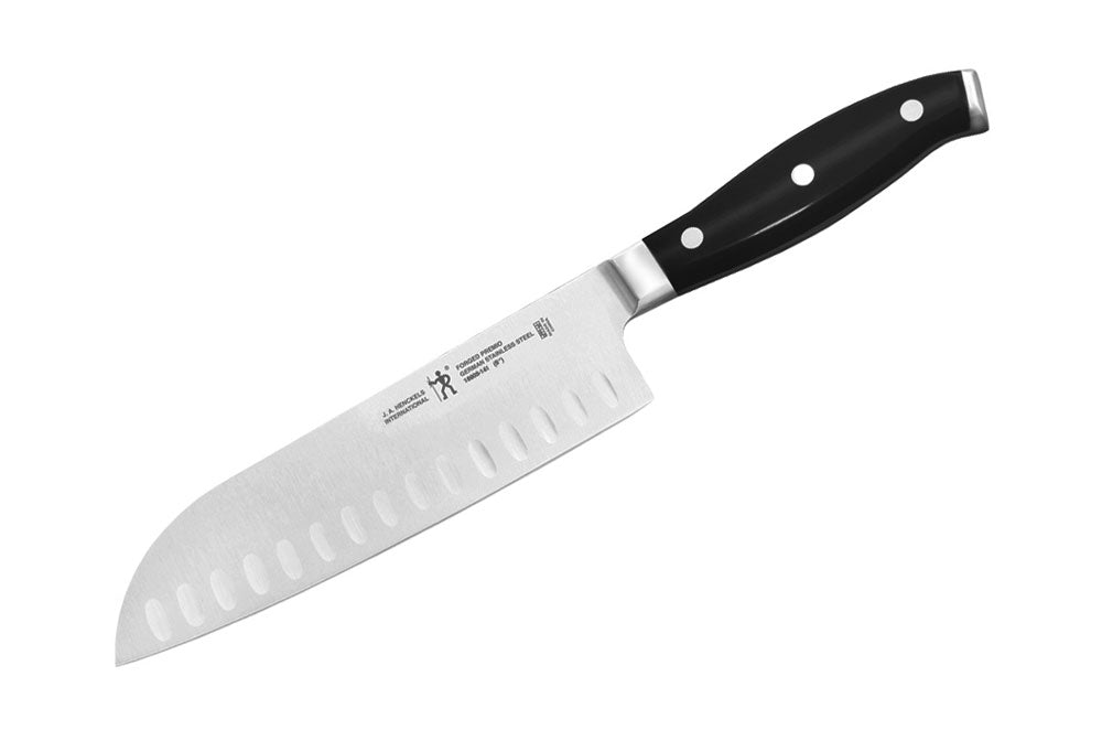 Henckels International Santoku knife with black handle and hollow-edge blade