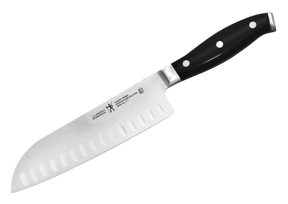 Santoku kitchen knife with forged hollow edge blade and black handle with rivets