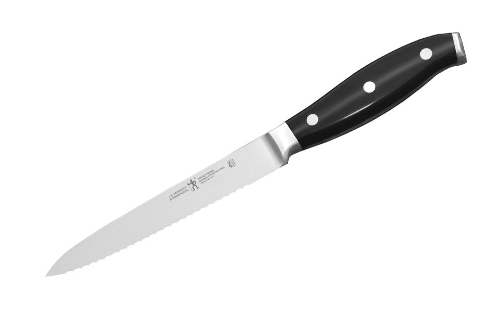 Utility knife with black handle and stainless steel blade, 5-inch
