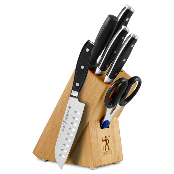Wooden knife block set with black-handled knives and kitchen shears
