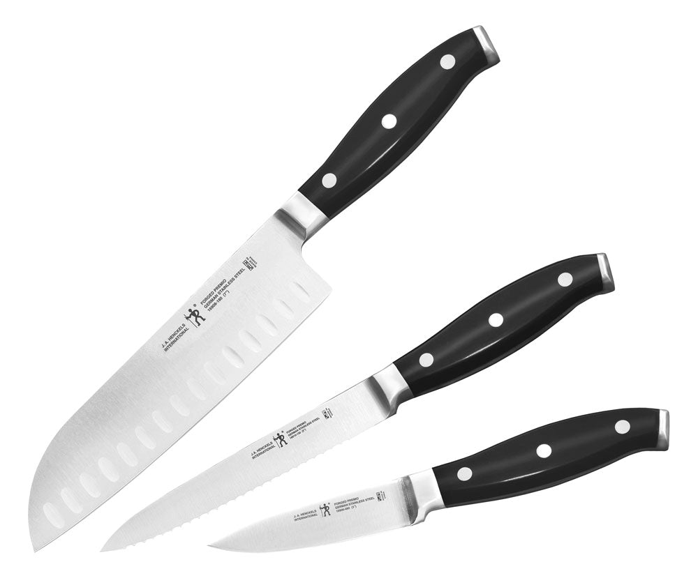 Henckels International forged 3-piece knife set, black handles, silver blades