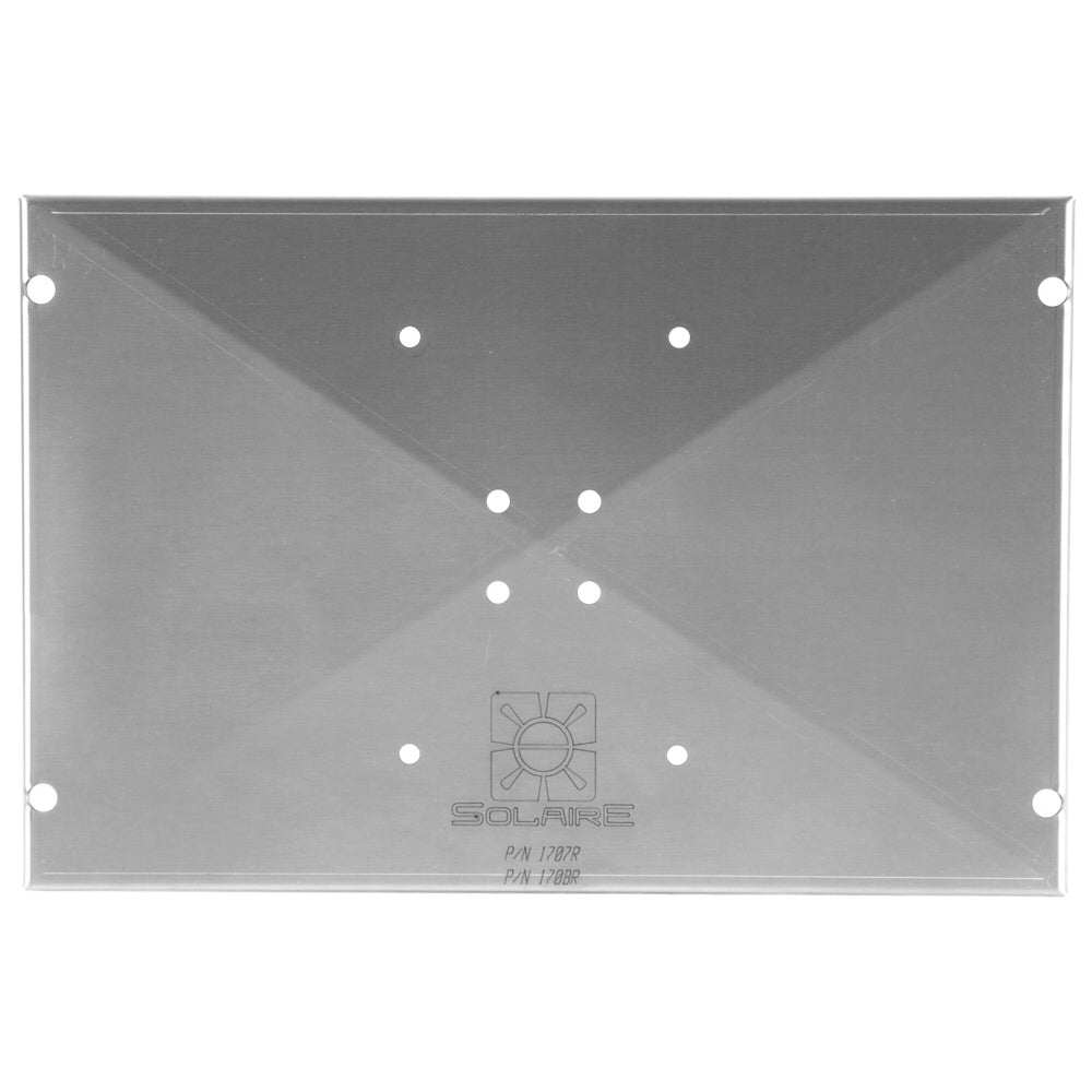 Stainless steel grill mount plate with mounting holes and burner icon