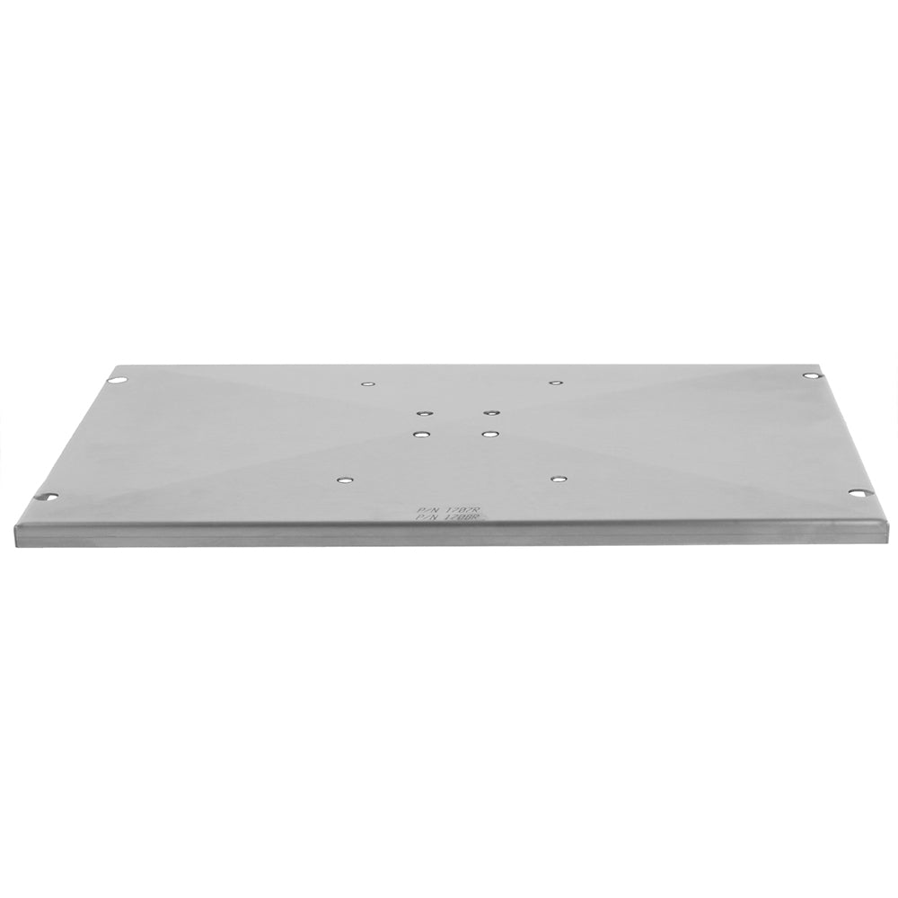Stainless steel grill mount plate with drilled holes and screw slots