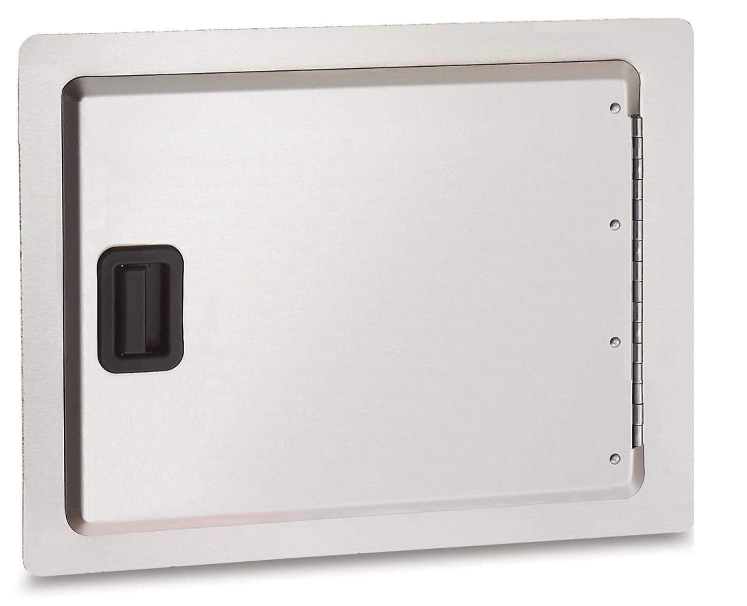 Outdoor grill single access door, rectangular gray frame with latch and hinges