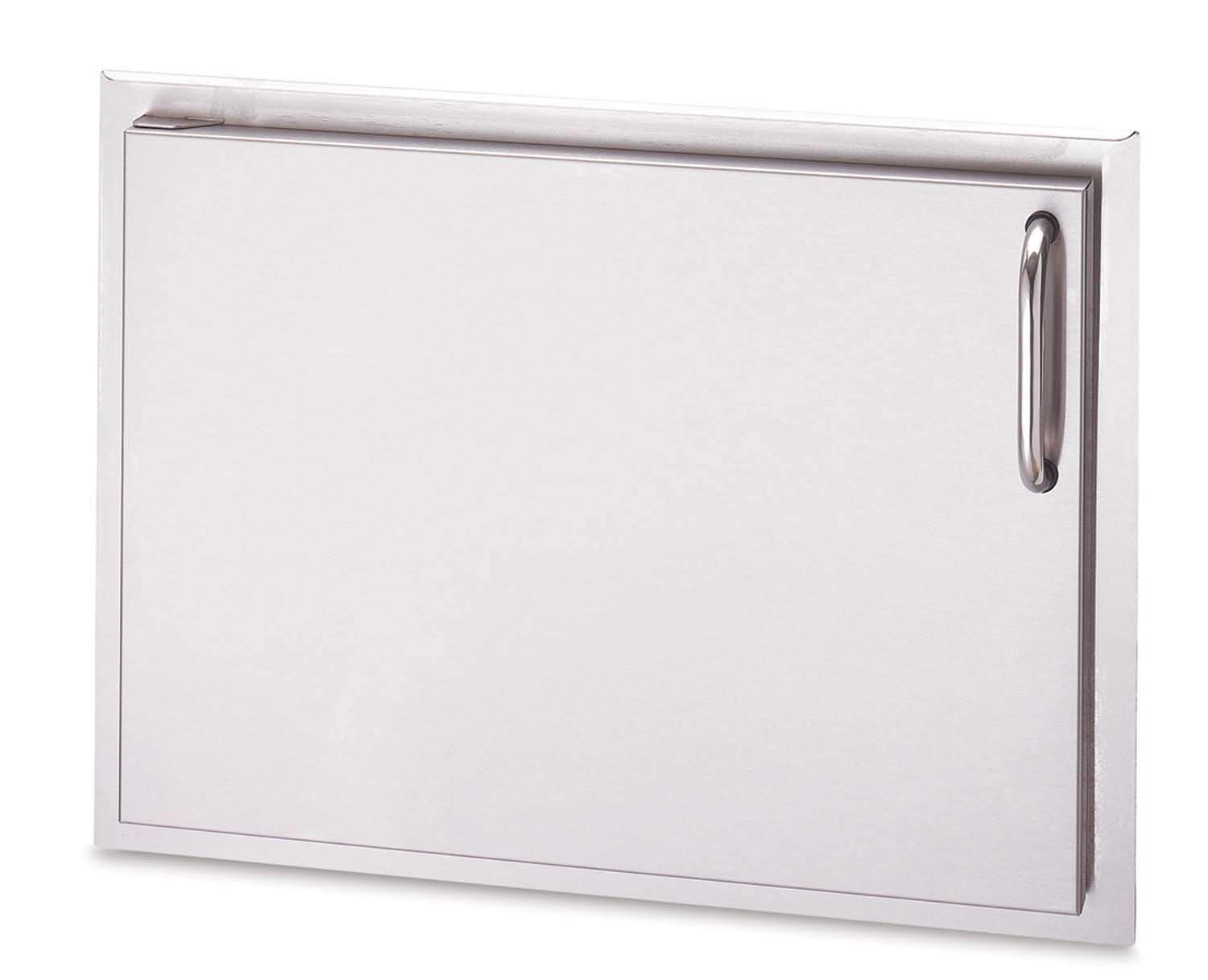 Metal storage door panel with vertical handle on right, brushed silver finish, rectangular.