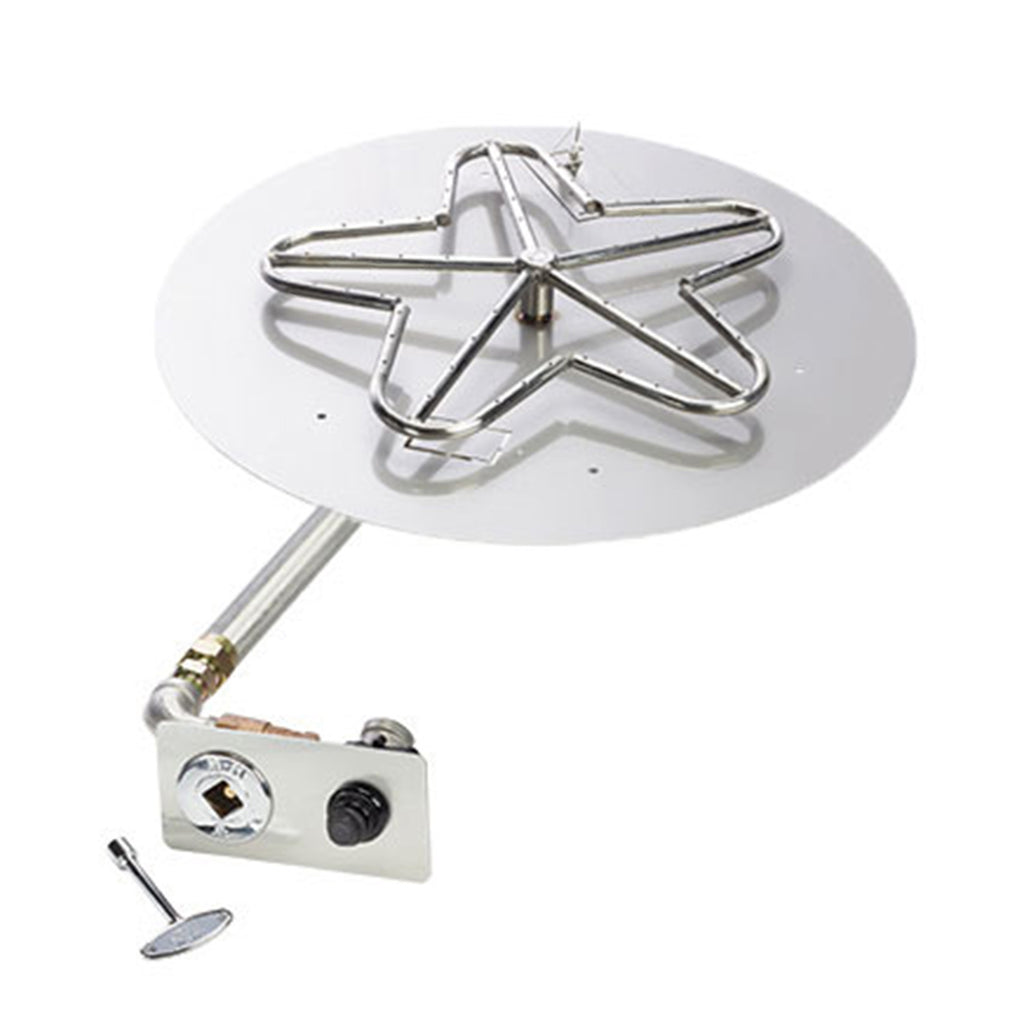 Star-shaped burner on a round pan with attached ignition valve and lever