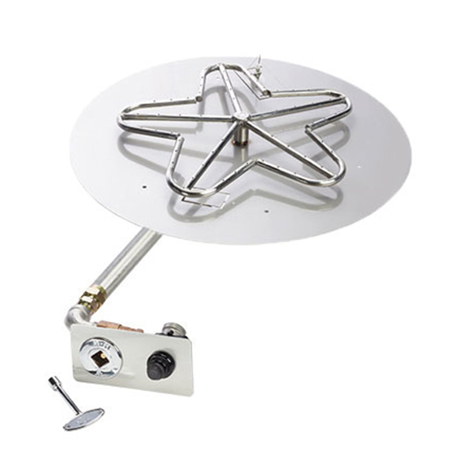 Star-shaped burner on a round pan with attached ignition valve and lever