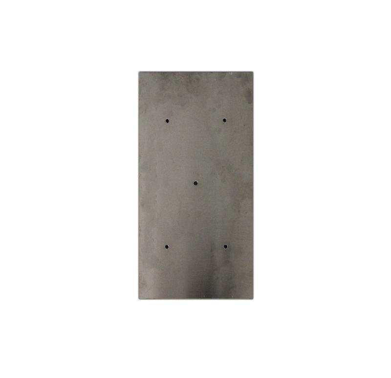Flat rectangular burner pan, gray metal with several small round holes