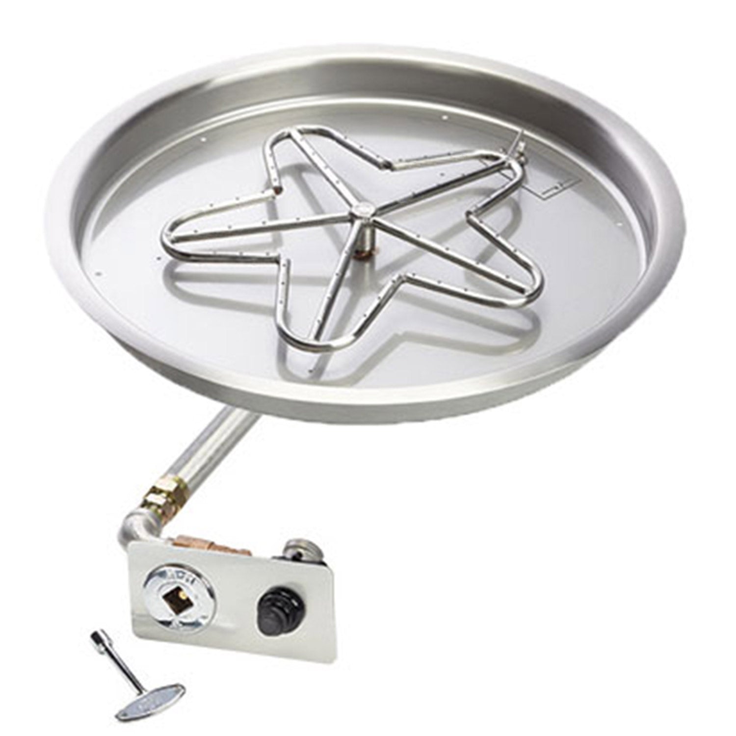 Round fire pit burner pan with spark ignition grate, control module, and small ignition lever